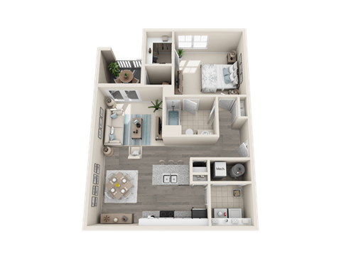 A 3D rendered image of a small apartment layout.